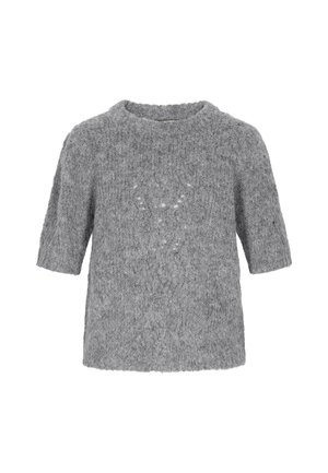 Šedý pletený svetr s krátkým rukávem, měkká textura, volný střih, kulatý výstřih, s jemnými vzory vetkanými do látky.
