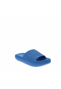 Infradito blu con upper testurizzato e design open toe. Materiale leggero e suola piatta per il comfort.