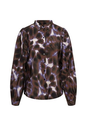 Bruine en paarse tie-dye blouse met een kraag, zwarte knopen en puffmouwen. Gemaakt van zachte stof met een gladde textuur.