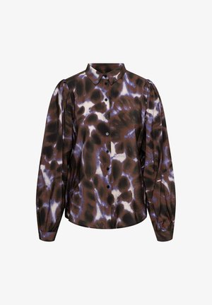 Bruine en paarse tie-dye blouse met een kraag, zwarte knopen en puffmouwen. Gemaakt van zachte stof met een gladde textuur.