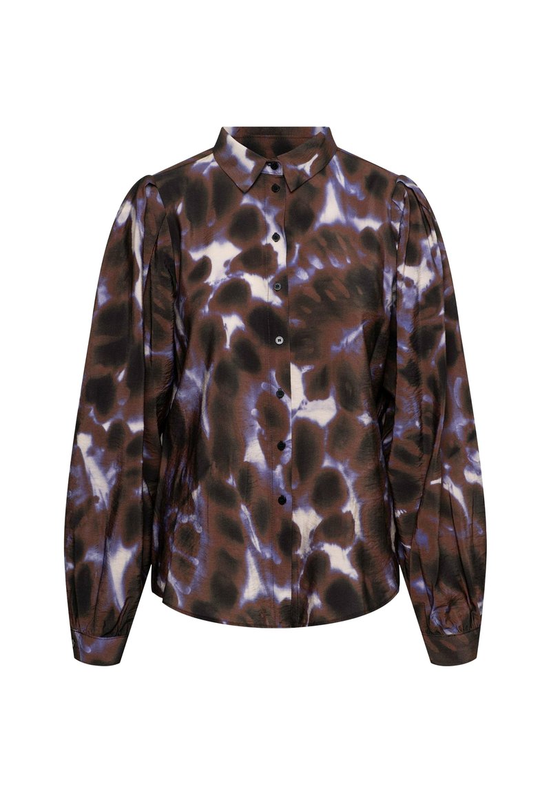 Bruine en paarse tie-dye blouse met een kraag, zwarte knopen en puffmouwen. Gemaakt van zachte stof met een gladde textuur.