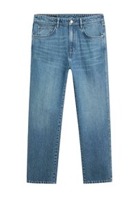 Jean en denim bleu taille droite avec poches avant, passants de ceinture et fermeture à bouton sur fond blanc.