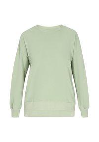 Felpa oversize verde chiaro con maniche lunghe, polsini a costine e scollo rotondo; texture liscia e vestibilità comoda.