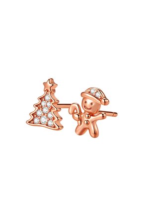 Gold-tone stud earrings featuring a gingerbread man and Christmas tree design, set against a neutral background with floral accents.