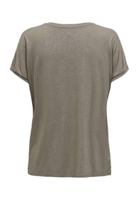 T-shirt grigio a maniche corte con vestibilità rilassata, caratterizzato da una leggera trama lucida e un collo rotondo. Nessun motivo o dettaglio visibile.