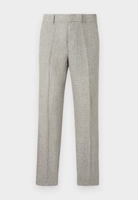 Ανδρικό γκρι καρό παντελόνι φόρμας σε εφαρμοστή γραμμή, με θηλιές για ζώνη και λεπτομέρειες με πιέτα στο μπροστινό μέρος.