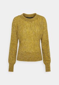 Ribbed knit mustard yellow crewneck sweater with long sleeves and fitted cuffs, displayed on a plain white background.