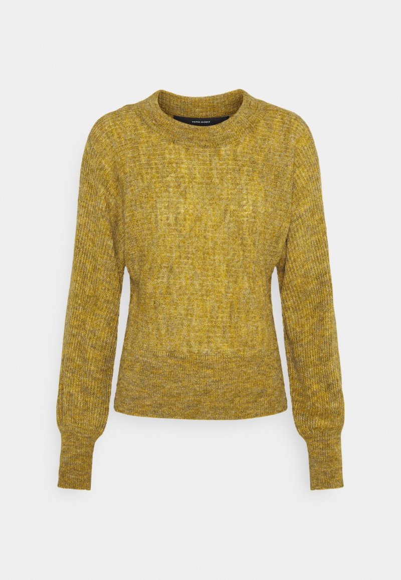 Ribbed knit mustard yellow crewneck sweater with long sleeves and fitted cuffs, displayed on a plain white background.