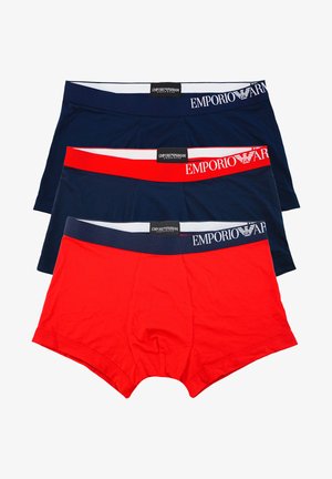 Ensemble de sous-vêtements pour hommes comprenant trois paires : marine foncé, rouge vif et noir. Matériau en coton doux avec ceintures élastiques marquées.