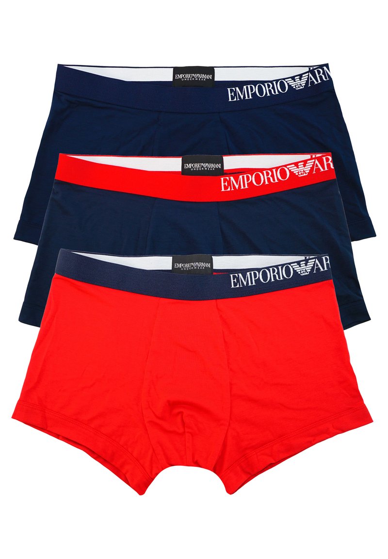 Ensemble de sous-vêtements pour hommes comprenant trois paires : marine foncé, rouge vif et noir. Matériau en coton doux avec ceintures élastiques marquées.