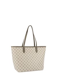 Borsa tote beige con una texture a motivo, dotata di manici marroni chiari e un sottile marchio dorato sulla parte anteriore. Forma rettangolare, design ampio.