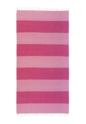 Pink and dark pink horizontal striped rectangular fabric with fringed edges on a white background.
