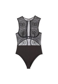 Bodysuit negro con un frente de encaje transparente con patrones florales, cuello alto y tirantes amplios. Parte inferior lisa y completamente negra.