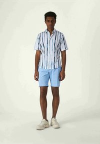 Kortermet skjorte med vertikale blå striper på hvit bakgrunn, kombinert med lyseblå shorts og beige sneakers. Enkel, uformell design.