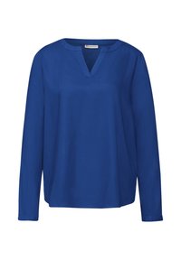 Blå langærmet bluse i let materiale, med V-udskæring, afslappet pasform og minimale syninger.