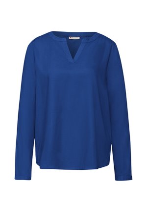 Blusa blu a maniche lunghe in tessuto leggero, con scollo a V, vestibilità rilassata e dettagli di cucitura minimi.