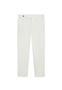 Białe bawełniane spodnie o dopasowanym kroju, z zapięciem na guzik, dwoma bocznymi kieszeniami i minimalnymi detalami szycia.