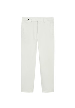 Pantaloni in cotone bianchi a taglio slim, con chiusura a bottone, due tasche laterali e dettagli di cucitura minimi.