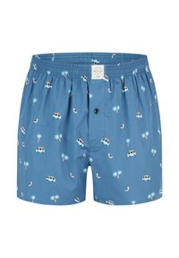 Niebieskie szorty bokserskie z nadrukiem w vintage vansy, palmy i mewy. Posiadają elastyczny pasek w talii oraz zapięcie na guzik.
