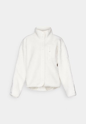 White fleece jacket with a high collar, button closure, and a front zip pocket. Features a soft, textured fabric with a cropped design.