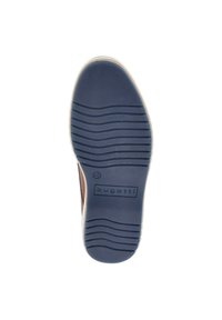Semelle en caoutchouc avec une base bleue, présentant des rainures horizontales pour l'adhérence et un détail de bord blanc. Nom de la marque "bugatti" estampillé.