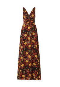 Floral Maxi-Kleid mit tiefem V-Ausschnitt, versehen mit gelben und roten Blumen auf schwarzem Hintergrund, aus leichtem Stoff gefertigt.