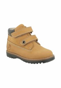 Stivale in pelle marrone con doppie cinghie in Velcro, suola in gomma, dettagli marroni e cuciture bianche. Punta arrotondata e logo sul lato.