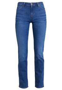 Džínové kalhoty v středním modrém odstínu, s pěti kapsami, zipem a přiléhavým střihem se rovnými nohavicemi a jemným vyblednutím.