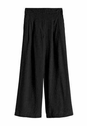 Melnas plaša stila bikses ar vaļīgu piegriezumu, ar elastīgu jostasvietu un priekšējām krokām, izgatavotas no viegla, gluda auduma.