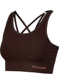 Bruine sportbh met een gestructureerd oppervlak, voorzien van een brede band en kruiselings straps. Inclusief Hummel-logo in een lichter bruin op de band.
