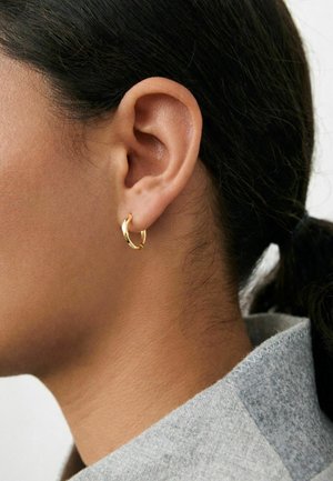 Close-up van het oor van een vrouw met een kleine gouden oorring, donker haar naar achteren gebonden, gekleed in een grijs kledingstuk met kraag.