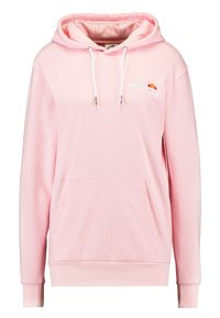 Sweat à capuche rose clair en tissu doux. Il comprend une poche kangourou à l'avant, des cordons blancs et un logo brodé sur la poitrine.