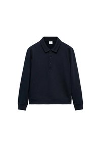 Námořnická polo mikina s dlouhými rukávy, klasickým límcem, zapínáním na tři knoflíky a žebrovanými manžetami a lemem. Měkká, texturovaná látka.