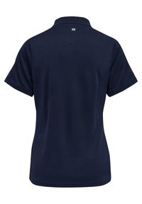 Polo blu navy con colletto, maniche corte e tessuto testurizzato. Presenta un piccolo logo bianco sul collo sul retro.