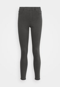 Leggings gris foncé avec une texture lisse, taille haute et coupe ajustée. Présente des coutures discrètes et pas de poches visibles.