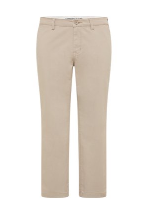 Lysebeige chinos laget av bomullsblandingsstoff. Rett ben-design med frontknapp lukking og to sidelommer. Glatt tekstur.