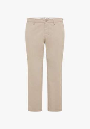Jasno beżowe chinosy wykonane z mieszanki bawełny. Prosty krój nogawki z przodem zapinanym na guzik oraz dwiema bocznymi kieszeniami. Gładka tekstura.