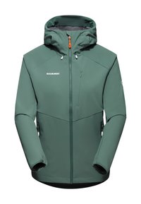 Veste d'extérieur verte à capuche avec fermeture éclair avant, poches zippées sur la poitrine et les côtés, marquée "Mammut" sur la poitrine gauche.
