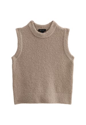 Maglione senza maniche color beige con un tessuto morbido e testurizzato e una vestibilità rilassata. Presenta un collo alto e un orlo a coste nella parte inferiore.
