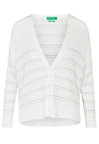 Vit cardigan med v-ringning, med horisontella silverränder, mjukt tyg, lös passform, drop shoulder-design och knappstängning framtill.