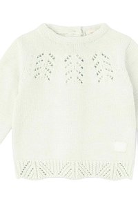 Suéter de punto verde claro con mangas largas, con patrones decorativos en forma de flechas y un dobladillo texturizado. Pequeño detalle de logo en la parte inferior.