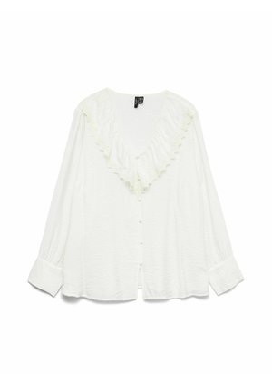 Witte blouse met lange mouwen en een gerimpelde halslijn, knoopsluiting aan de voorkant en een licht gestructureerde stof. Beschikt over gathers op de mouwen en een relaxte pasvorm.