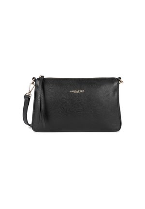 Black leather crossbody bag with a smooth texture, zip closure, and a detachable strap. Features gold-tone branding on the front.