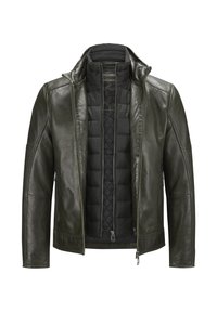 Dunkelgrüne Lederjacke mit hohem Kragen, Reißverschluss und gefüttertem schwarzen Innenliegend mit einer glatten Außentextur.