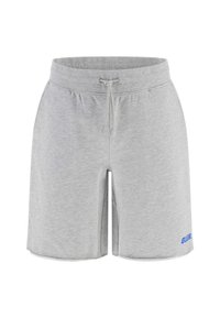 Shorts in misto cotone grigio con vita elasticizzata, chiusura con cordino e dettaglio logo blu sul lato sinistro. Design di media lunghezza.