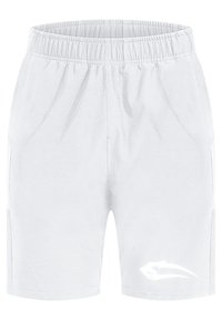 Shorts de sport blancs avec ceinture élastique, poches latérales et petit logo stylisé sur la jambe inférieure gauche.