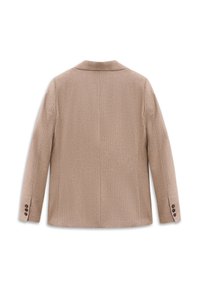 Hellbrauner Blazer aus strukturiertem Stoff. Verfügt über einen Reverskragen, zwei Knöpfe an den Manschetten und ein schlichtes Rückendesign.