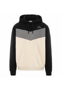Sudadera con capucha que presenta una parte superior negra, una sección media gris y un fondo crema. Tejido de mezcla de algodón con un diseño de chevron y detalle de logo.