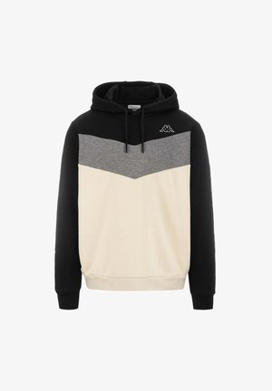 Sudadera con capucha que presenta una parte superior negra, una sección media gris y un fondo crema. Tejido de mezcla de algodón con un diseño de chevron y detalle de logo.