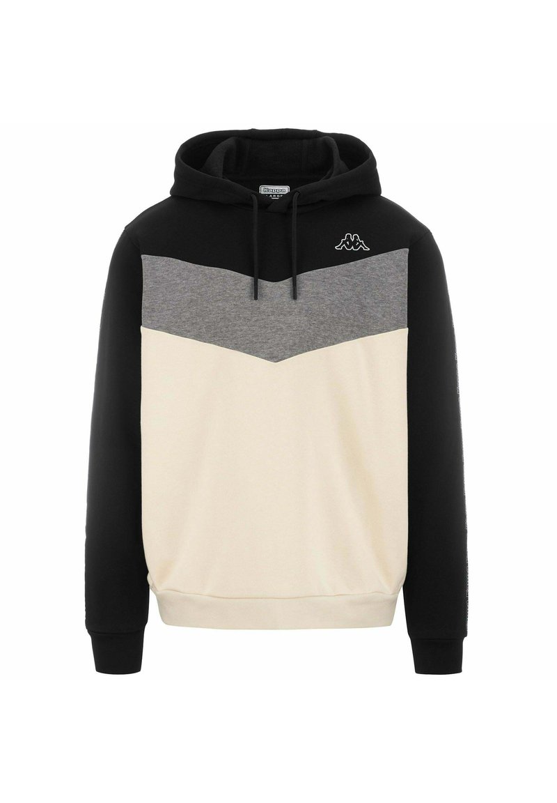 Sudadera con capucha que presenta una parte superior negra, una sección media gris y un fondo crema. Tejido de mezcla de algodón con un diseño de chevron y detalle de logo.